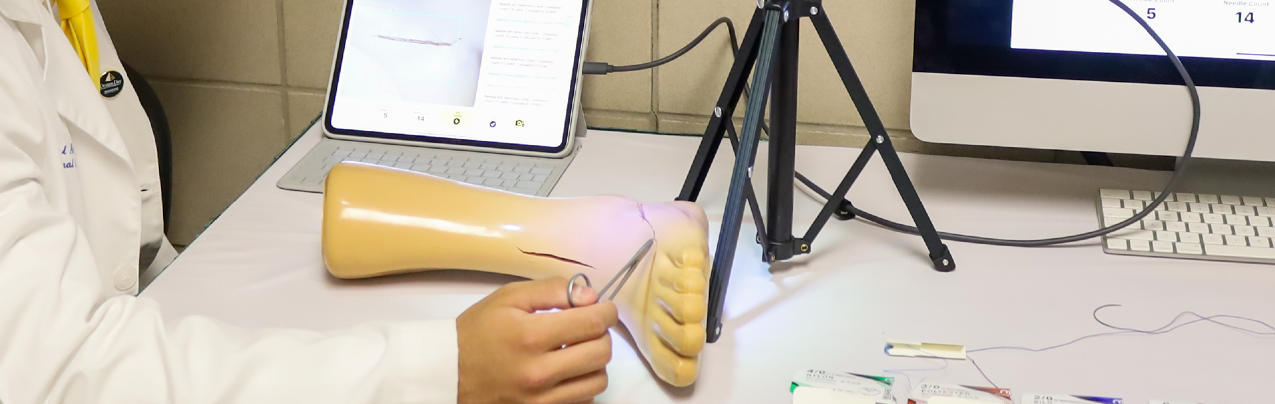 Students interacting with a Design Day project involving a human foot model